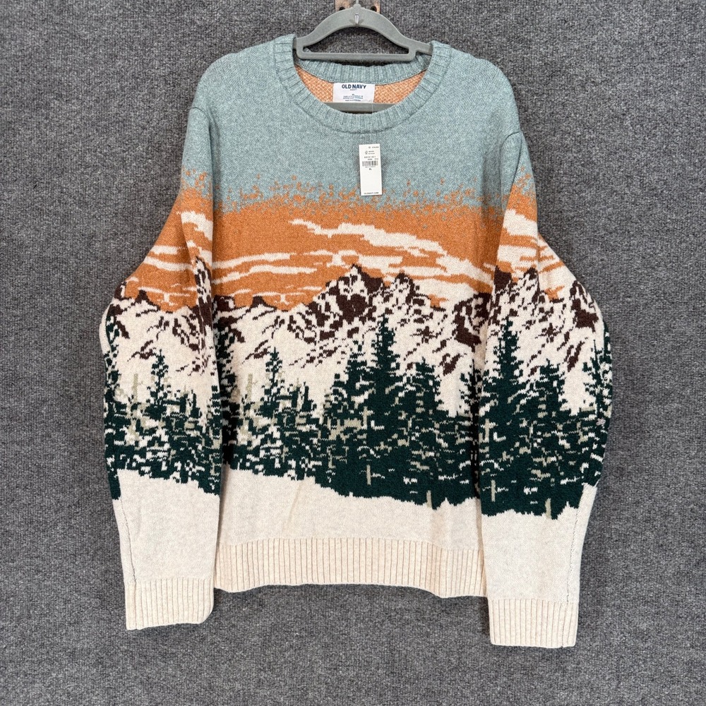 Old Navy Sweater Mens XL Blue Mountain Landscape Scenic Knit Pullover NEW